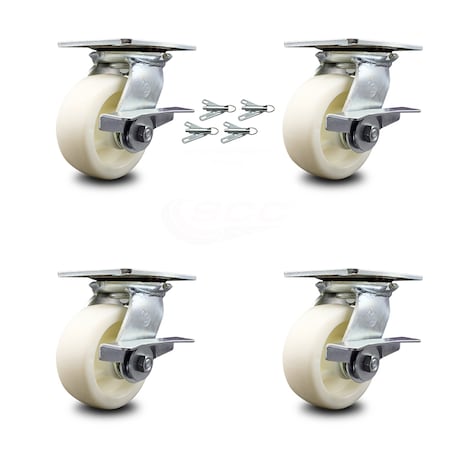 Heavy Duty Large Top Plate Nylon Swivel Caster w/Main. Free Bearings Set of 4 w/5" x 2" White Wheels -Includes 4 Swivel w/Side Lck Brakes&Bolt on Swivel Locks-3600lbs Total Cpty - Service Caster Brand